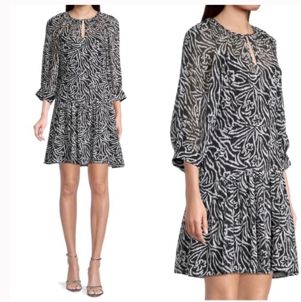 Rebecca Taylor Puff Sleeve Chiffon Dress Black Zebra Lily Print 4